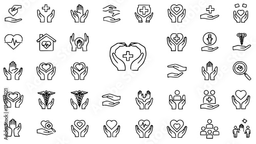 Collection of healthcare and charity vector icons featuring hands, hearts, and medical symbols for graphic design projects and healthcare branding