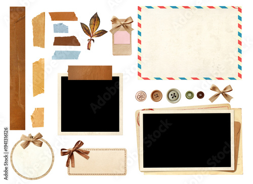 Collection of vintage element for scrapbooking. Set of retro photo, linen bow, adhesive tape stripe, button, postcard, paper tag. Nostalgic and sentimental style. Isolated on white background