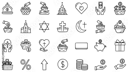 Charity donation vector illustration set with religious symbols, money, and giving hands icons for fundraising and non-profit organizations, featuring simple line art design elements.
