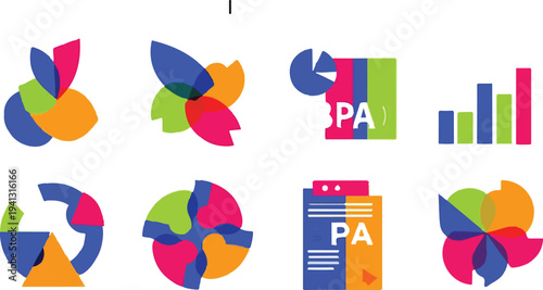 Set of 8 Abstract Business Data Visualization Vector Icons with Overlapping Shapes in Blue, Green, Orange, and Pink for Marketing and Analytics