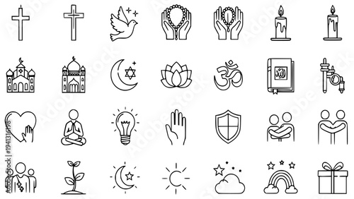 Collection of diverse faith and spirituality linear icons representing various religions and beliefs