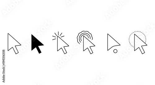 Set of 6 Outline and Solid Black Computer Mouse Cursor Arrow Icons Vector for Web Design, UI/UX, and Digital Interface Elements