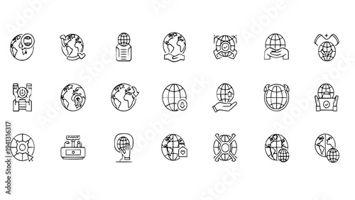 Minimalist charity and donation vector icons set with globe illustrations for global giving and nonprofit organization designs