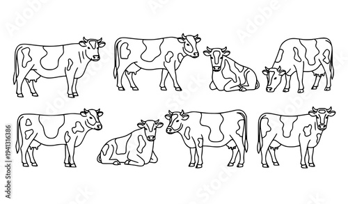Black and white cow vector illustration set farm cattle line art collection isolated on white background