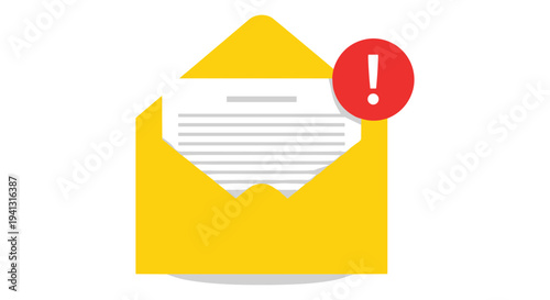 Yellow Open Envelope with Document and Red Exclamation Mark Notification Icon Vector Illustration for Email Alert, Spam, or Important Message