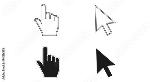 Set of 4 Cursor Icons Vector: Modern Black and White Outline and Solid Hand Pointer and Arrow Mouse Click Symbols for Web Design and UI Elements