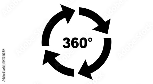 Black 360-degree rotation icon vector illustration for immersive view, product display, virtual tour, and interactive content design