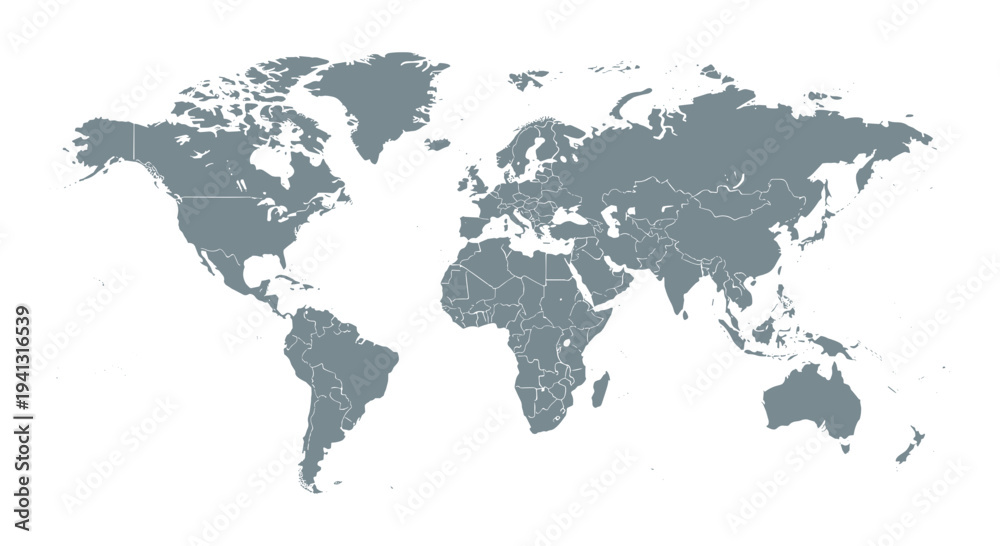 Obraz premium Detailed World Map Vector Illustration with Individual Countries and Continents in Flat Gray Design for Global Business and Travel Concepts