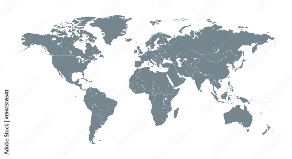 Fototapeta premium Detailed World Map Vector Illustration with All Countries and Continents in Gray, Ideal for Global Business, Education, and Geographic Presentations