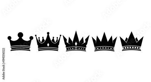 Set of 5 Black Crown Icons Vector Collection for Royalty, Success, and Leadership Concepts, Ideal for Branding, Web Design, and Marketing Materials