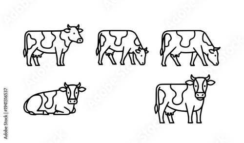 Dairy cow line art collection black white farm animal vector set isolated on white