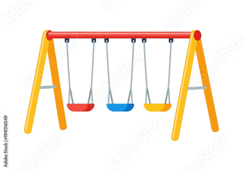 Children's playground swing set with three colorful swings hanging from a sturdy yellow and red frame
