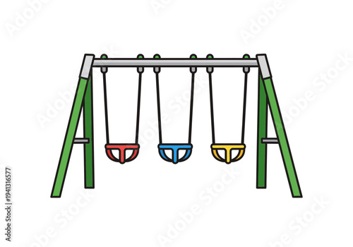 Children's playground swing set with three colorful swings hanging from a sturdy green frame