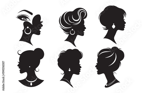 Set of elegant women in profile with stylish hairstyles and accessories, charming female silhouettes with fashion elements and jewelry