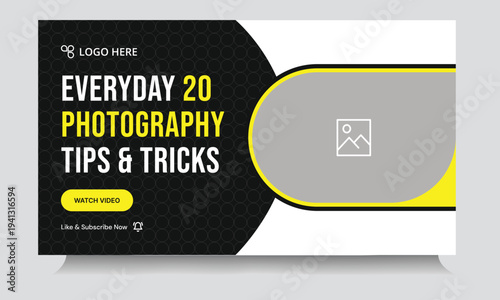 Daily best photography reel tips and tricks video thumbnail banner design, daily photography techniques video cover banner design, fully customizable vector eps 10 file format