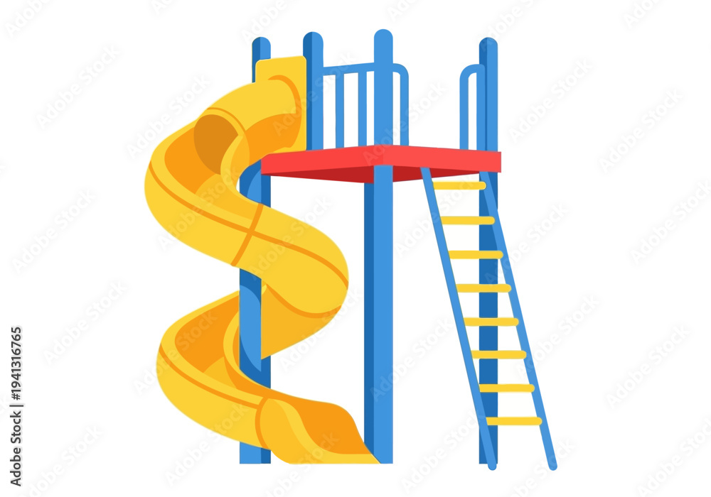 Fototapeta premium Children's playground equipment featuring a yellow spiral slide and blue climbing structure with a red platform viewed from the front