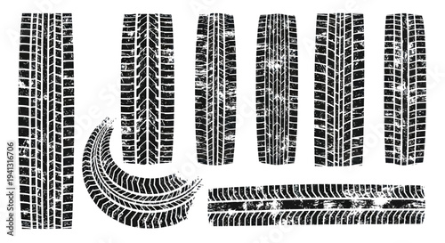 Set of grunge tire tracks and imprints isolated on white background