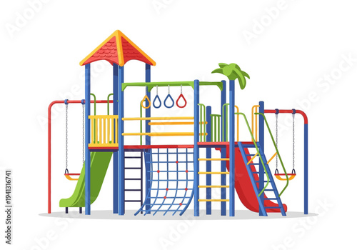 Vibrant playground equipment featuring swings, slide, and climbing structure for children to play safely outdoors