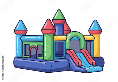 Colorful inflatable bouncy castle with slide and towers for kids to play at a birthday party outdoors