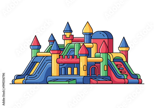 A vibrant inflatable bouncy castle with multiple slides and towers, colorful and fun for children to play in a party setting.