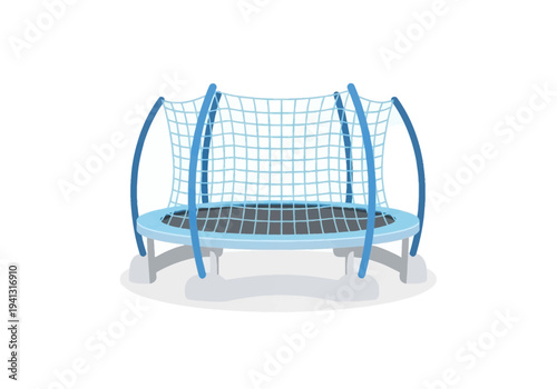 Children's trampoline with safety net enclosure in a backyard playground setting, viewed from the side.