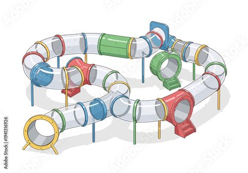 A colorful, transparent, plastic tube playground structure with multiple loops and turns, viewed from above
