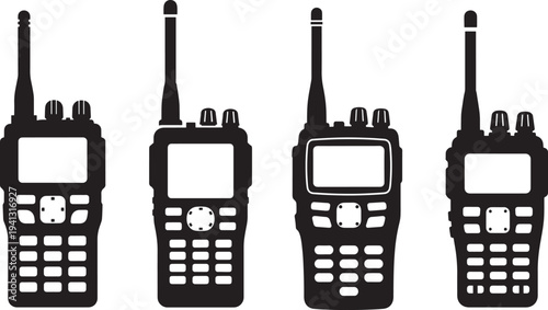 Collection of four black silhouette walkie-talkie icons, representing communication, security, and radio use