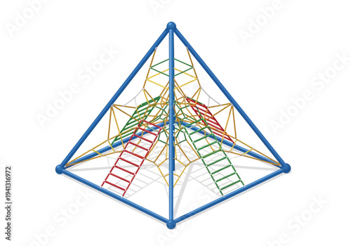 Children's playground pyramid structure with ladders and nets viewed from above in a recreational environment