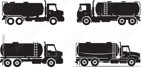 Four black silhouette illustrations of tanker trucks, ideal for logistics, transport, and industry themes