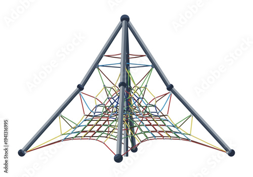 Children's playground climbing structure with colorful web-like rope network, viewed from below, against a plain white background