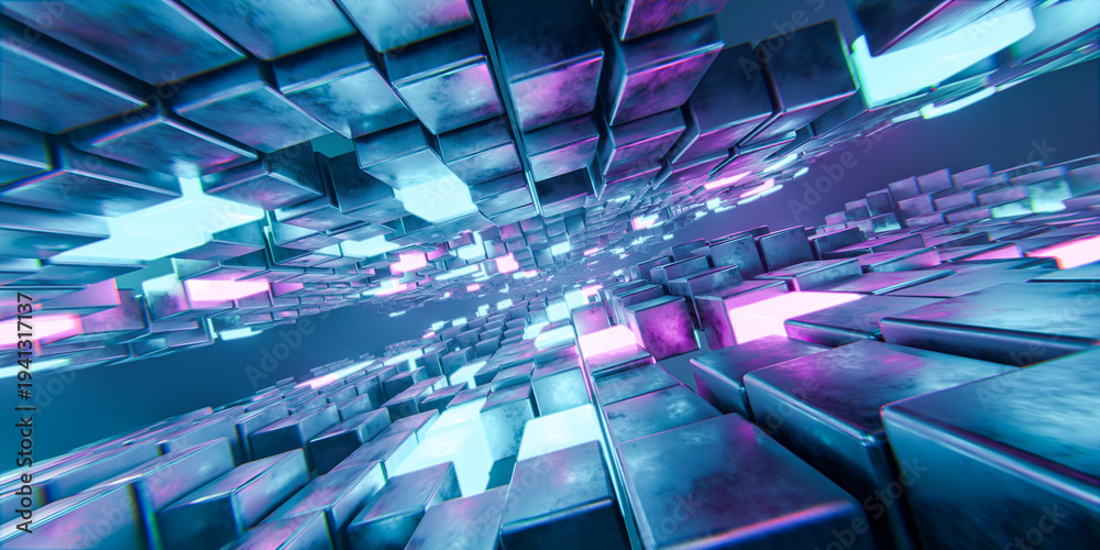 Naklejka premium abstract technology background with blue and pink glowing cubes tunnel perspective futuristic digital data block chain network architecture structure 3d illustration