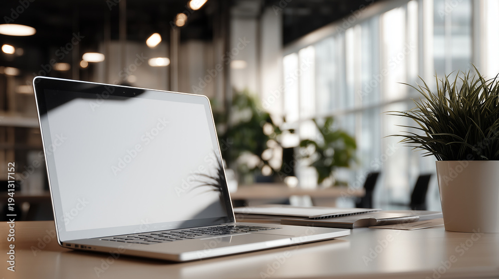 Fototapeta premium Professional workspace layout mockup with side view of blank laptop in modern office