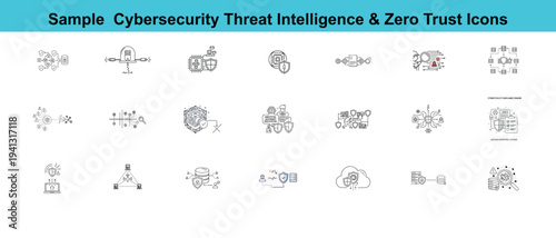 A collection of detailed cybersecurity icons, presenting a comprehensive set of symbols related to threat intelligence and zero trust in cybersecurity