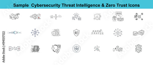 Cybersecurity icons highlighting threat intelligence and zero trust principles, emphasizing security and data protection concepts.