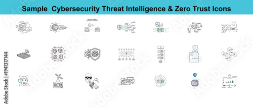 Cybersecurity & Zero Trust Icons: A comprehensive set of visual elements representing modern cybersecurity concepts, ideal for illustrating data protection and digital security.