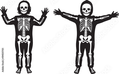 Two people in skeleton costumes, one with hoodie, celebrating Halloween with spooky fun
