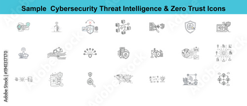 An array of technical icons that visually represent cybersecurity threat intelligence and zero trust principles. 