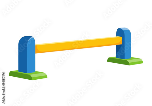 A 3D rendering of a blue and yellow obstacle for kids to jump over on a green base from a front viewpoint