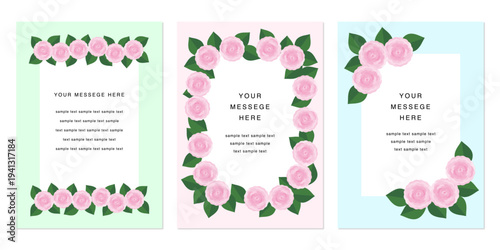 A spring retro flower greeting card placed on a white background. Camellia, pink perfection, rose, miniature rose frame. Vector illustration of the poster.