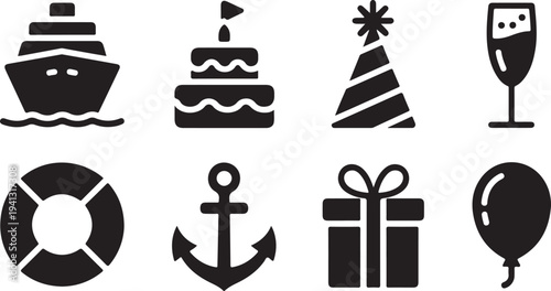 Collection of eight simplified graphic icons representing celebration elements and nautical themes on a white background