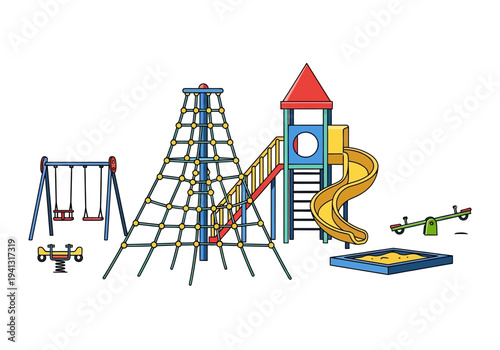 Children's playground equipment with climbing frame, slide, and swings in a vibrant outdoor setting viewed from the front