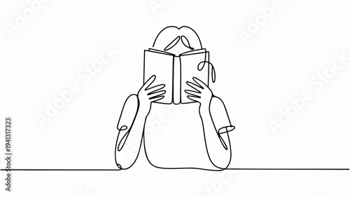 Person reading book sitting down one line drawing style minimalistic illustration simple background
