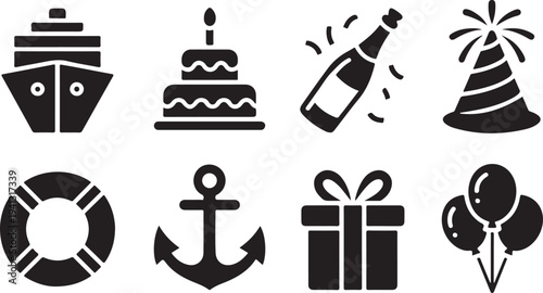 Collection of eight distinct party and travel related icons including a cruise ship cake champagne bottle party hat life preserver anchor gift box and balloons