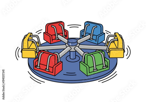 A vibrant spinning teacup ride at an amusement park, viewed from above with colorful cars in motion