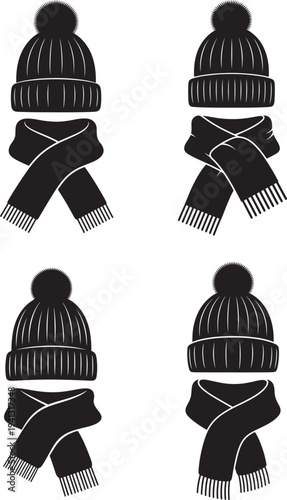 Black silhouette set of winter hats and scarves, perfect for graphic design and winter themes