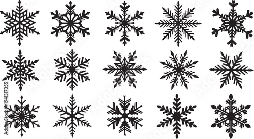 Collection of unique black snowflakes on white background illustration