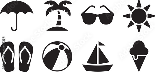 Collection of black summer vacation icons including an umbrella palm tree sunglasses sun flipflops beach ball sailboat and ice cream isolated on transparent background