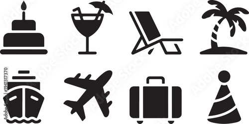 A collection of eight black holiday and travel related icons including a cake drink lounge chair palm tree cruise ship airplane suitcase and party hat