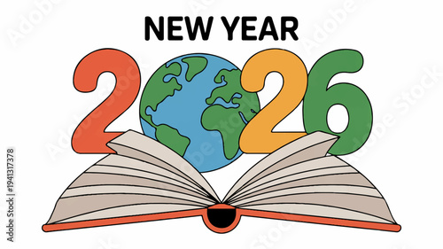 New year's 2026 global celebration concept with open book and earth emerging from pages on white background