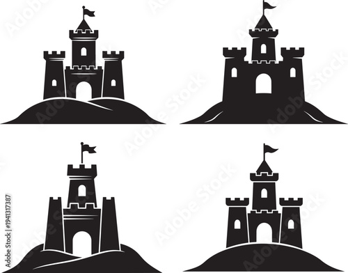 Four stylized black castle silhouettes on hills, representing fantasy, royalty, and historical architecture